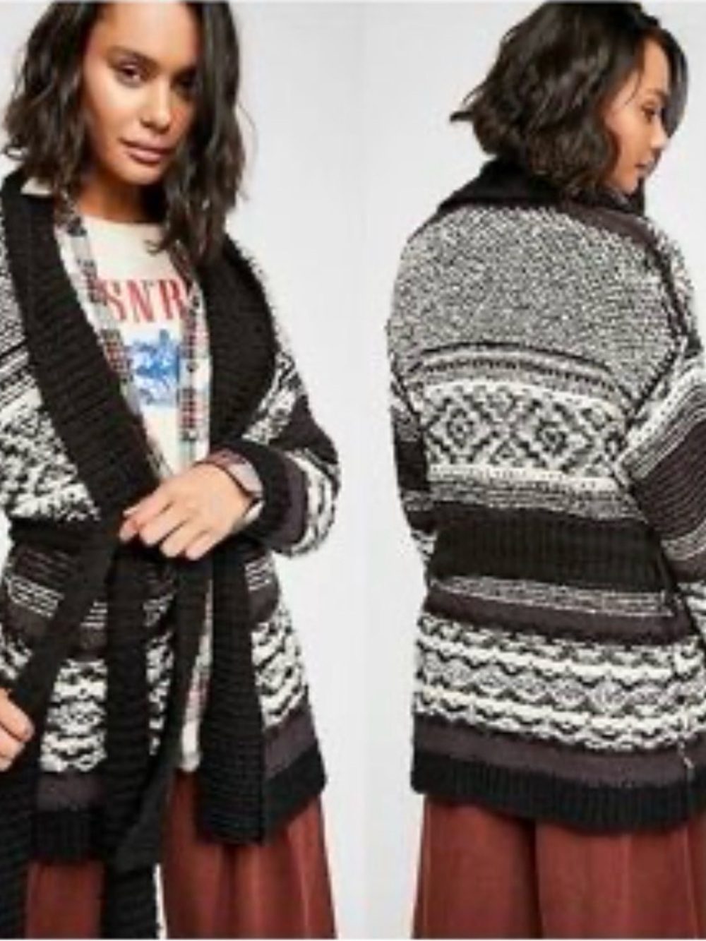 Free People Black & White Patterned Shawl Cardigan Sweater